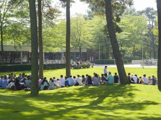 Students on campus enjoying the good weather