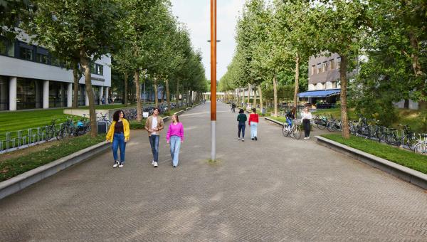 Studenten lopend over Tilburg University campus