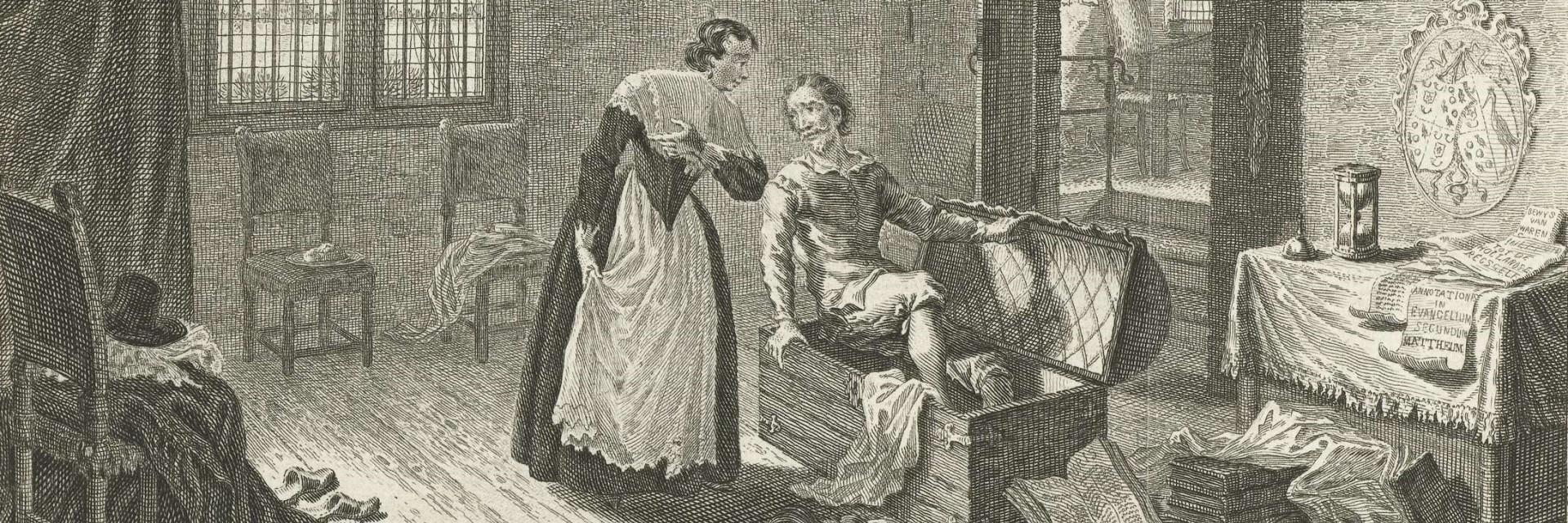 Hugo de Groot, boekenkist, vrouw, gravure